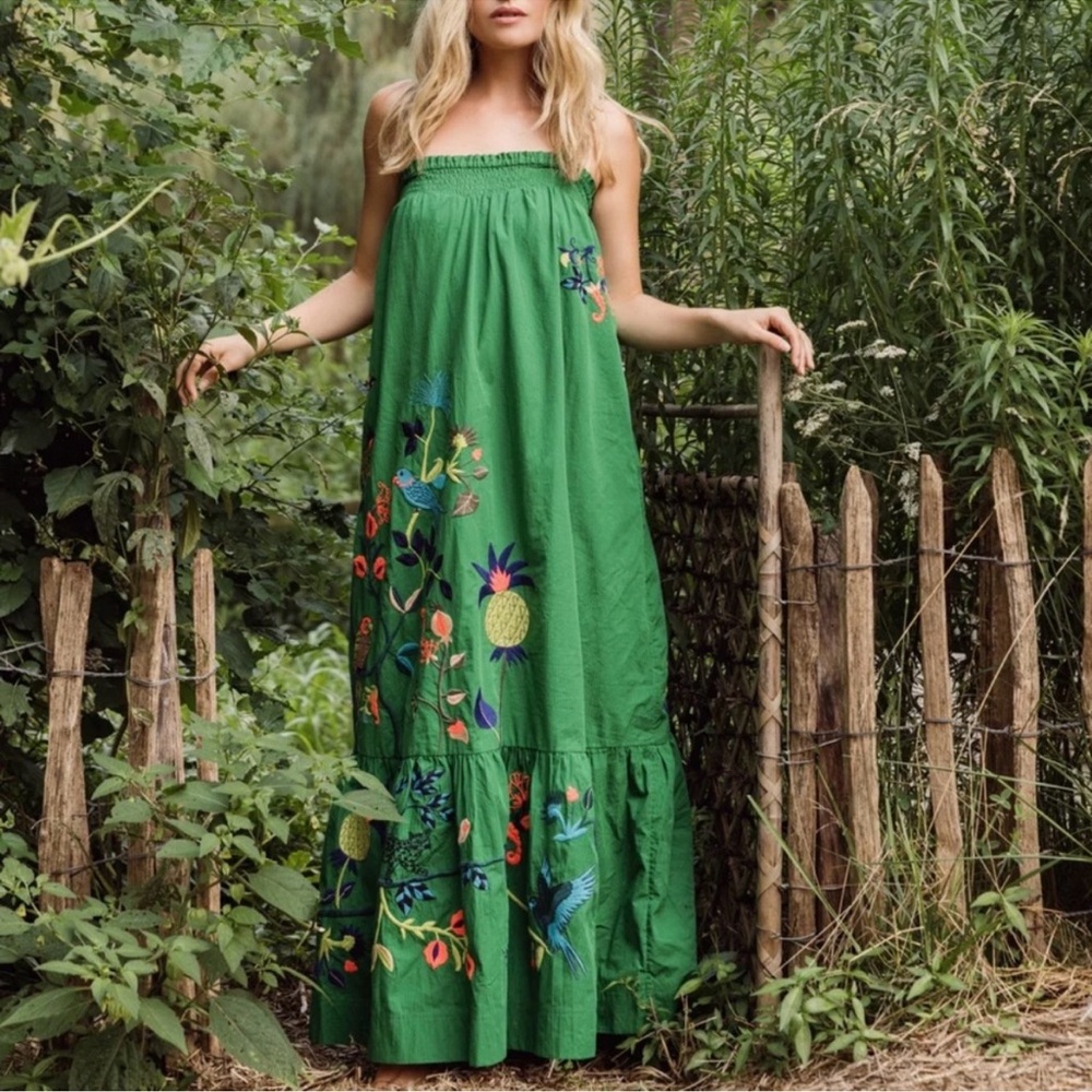Anthropologie Green Embroidered Maxi Dress